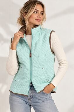 Natalie & Me Weekend Women’s Quilted Vest Mint Aqua Brown Trim Full Zip size M